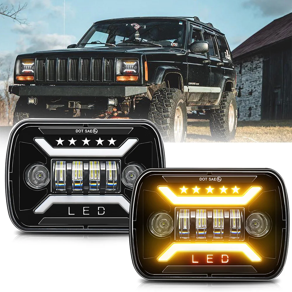 1pc/2pcs 5x7 Inch Led  Square Headlights 7x6''Headlamp Hi/Low Turn Signal Dot E9 DRL For Jeep Cherokee Offroad Truck Motorcycle