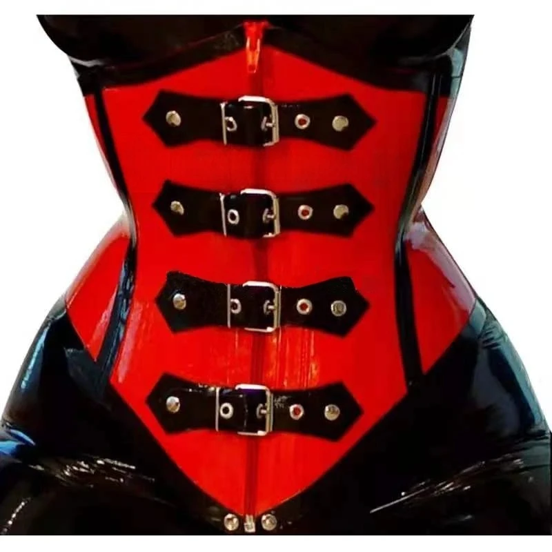 

0.8mm Red Latex Corset Red‑Black Rubber Waist Trainer Cincher with 4 Black Strap Metal Buckles Top