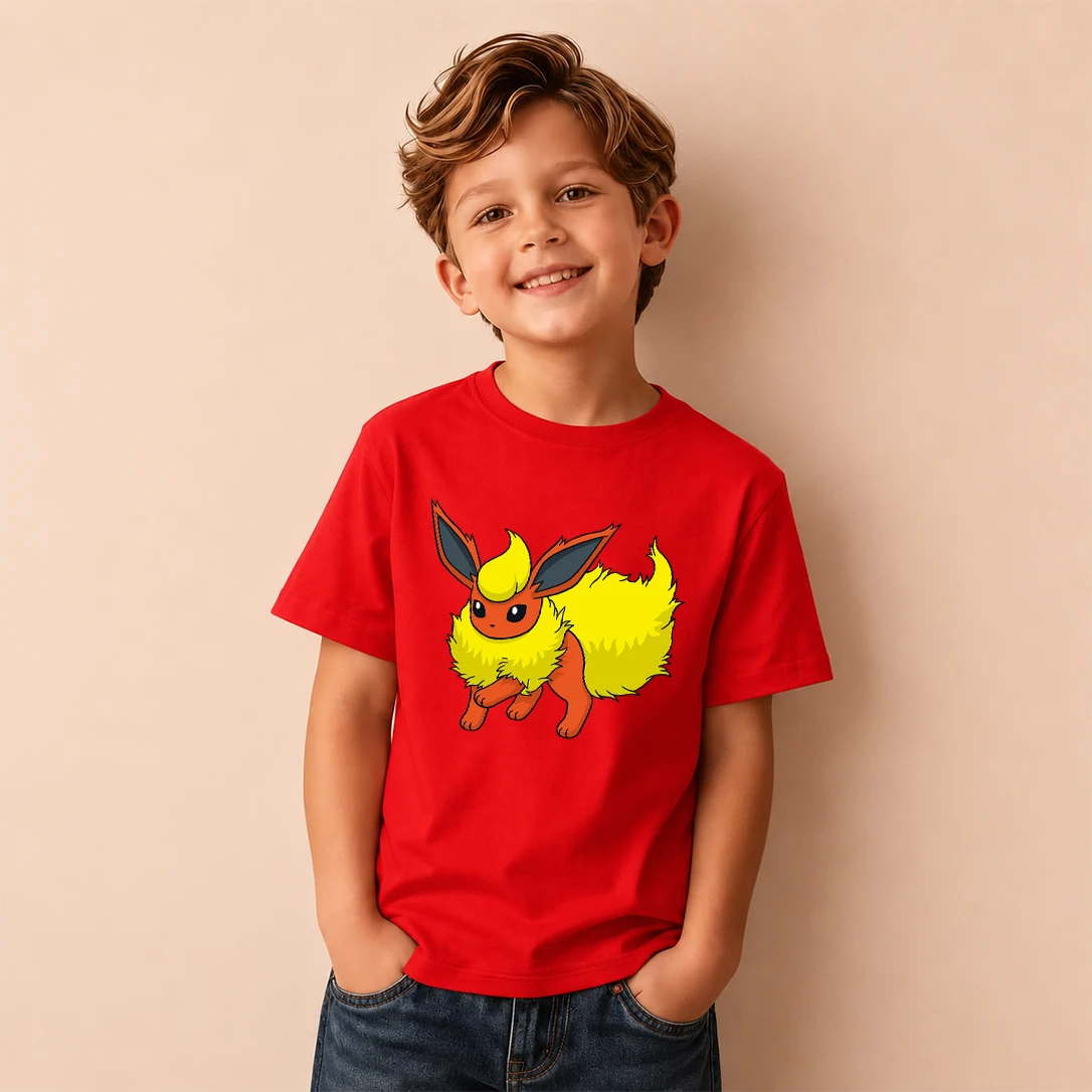 Kids T-shirt Pokemon Flareon Print Short Sleeve Tee Boys Girls Casual Tops Birthday Gift
