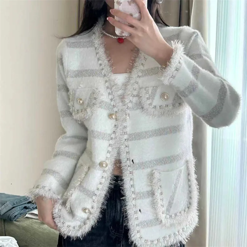 Korean Version Small Fragrance Coat 2024 Autumn Winter Imitation Mink Velvet Temperament Ladies New Top Knit Cardigan Tassels
