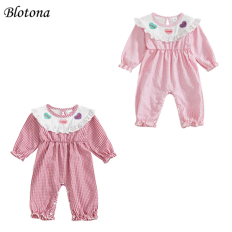

Blotona Baby Girl Spring Romper Long Sleeve Lace Trim Plaid Heart Print Jumpsuit Infant Valentine's Day Outfit