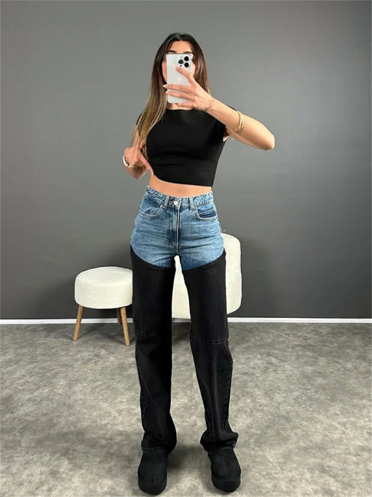 

Contrast Color Denim Pants Women Y2K Wash Zipper Pockets Mid Waist Jeans Female 2025 All Season Lady Baggy Long Straight Trouser