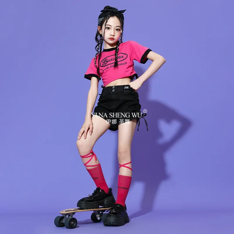 

Костюм для джазового танца для девочек, детский наряд в стиле хип-хоп, уличная одежда, комплект одежды для выступлений Kpop, розовая джазовая одежда для детей, танцевальный костюм