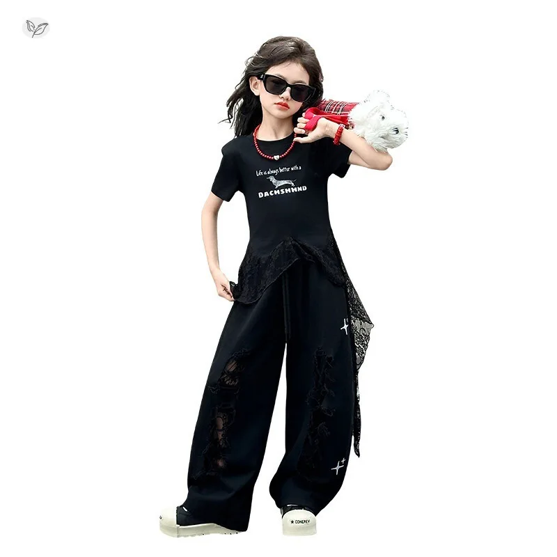 

Girls' Jazz Dance Suit Summer New Middle-aged and Older Children's Lace Streamer T-shirt Ripped Wide-leg Pants Two-piece Set
