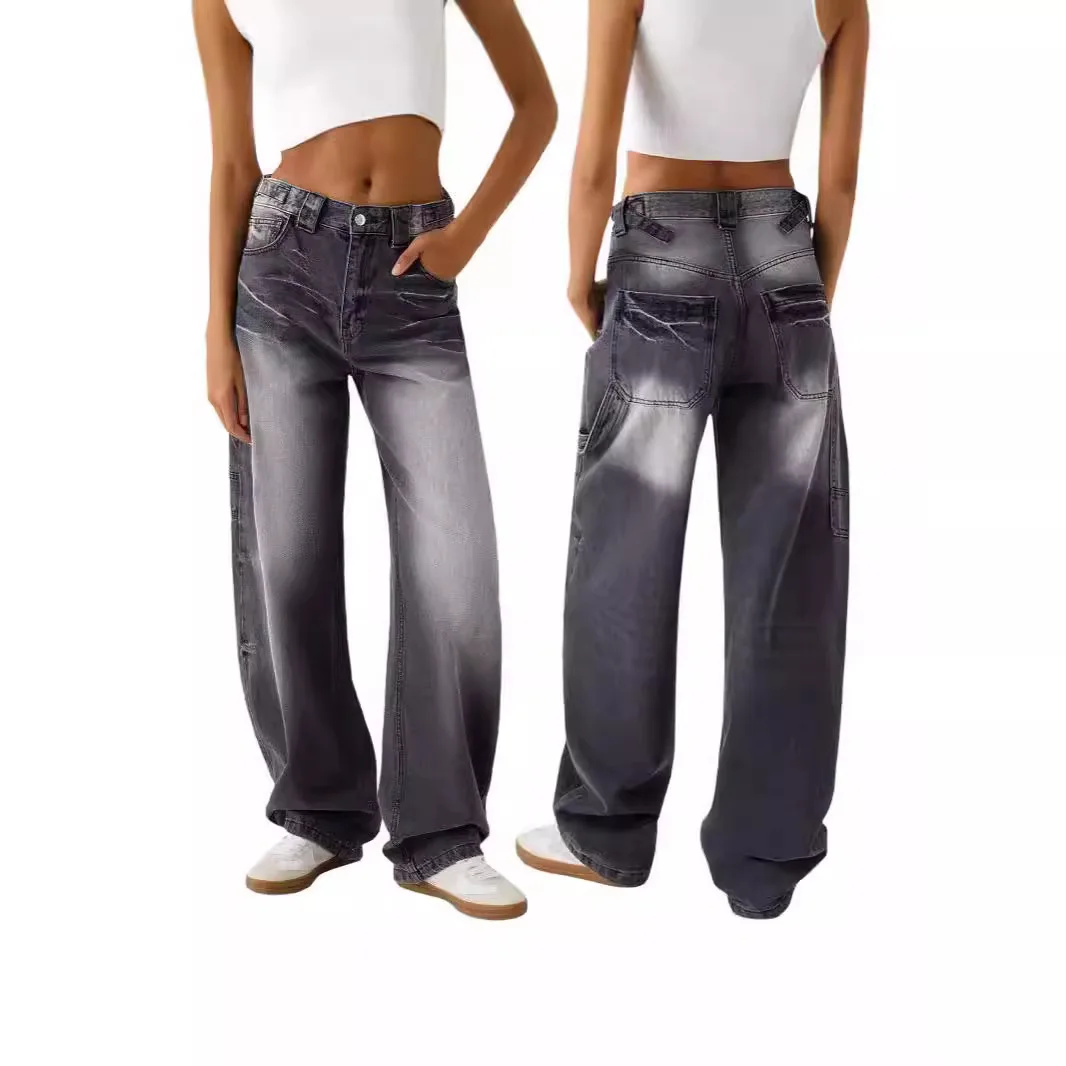 

New Heavy-duty Washed Loose Wide-leg Jeans, Women's Four Seasons Fashionable Street Comfortable High-waisted Floor-length Jeans
