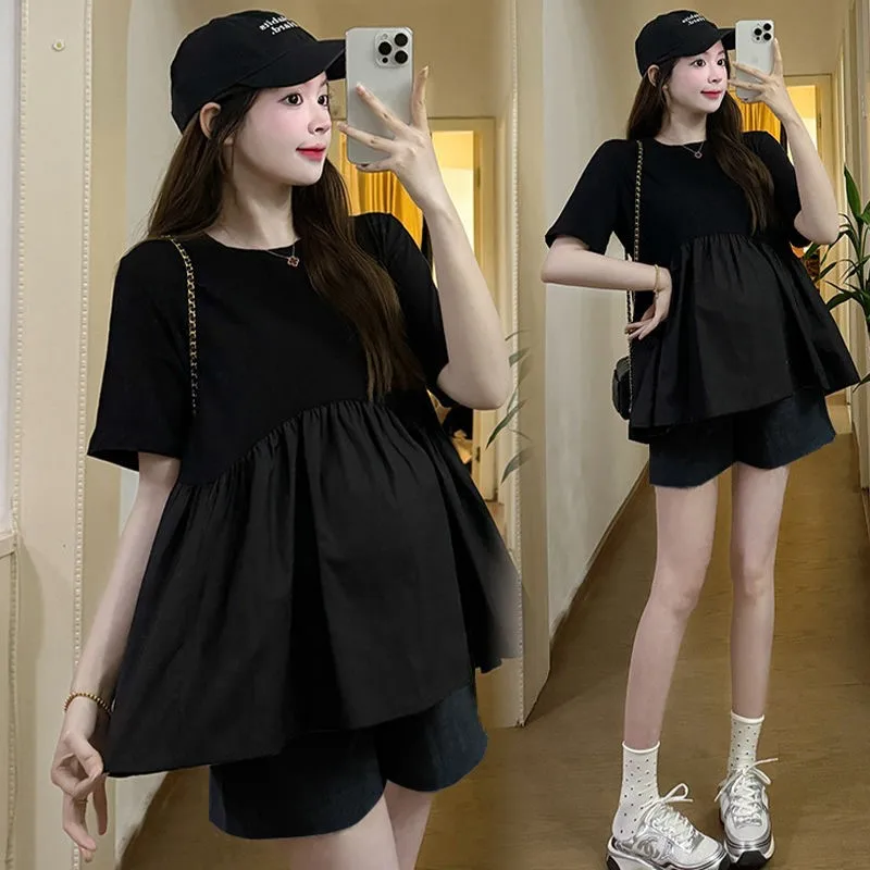 

2025 New Pregnant Women's Summer Short Sleeve Clothing Set Maternity Fashion Trend Summer Thin Shorts Top 2-piece Set LH820