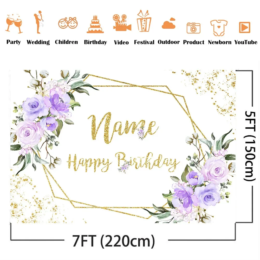 보라색 생일 배경 사용자 정의 이름 생일 파티 장식, 골드 반짝이 빛나는 도트 사진 배경 포토콜