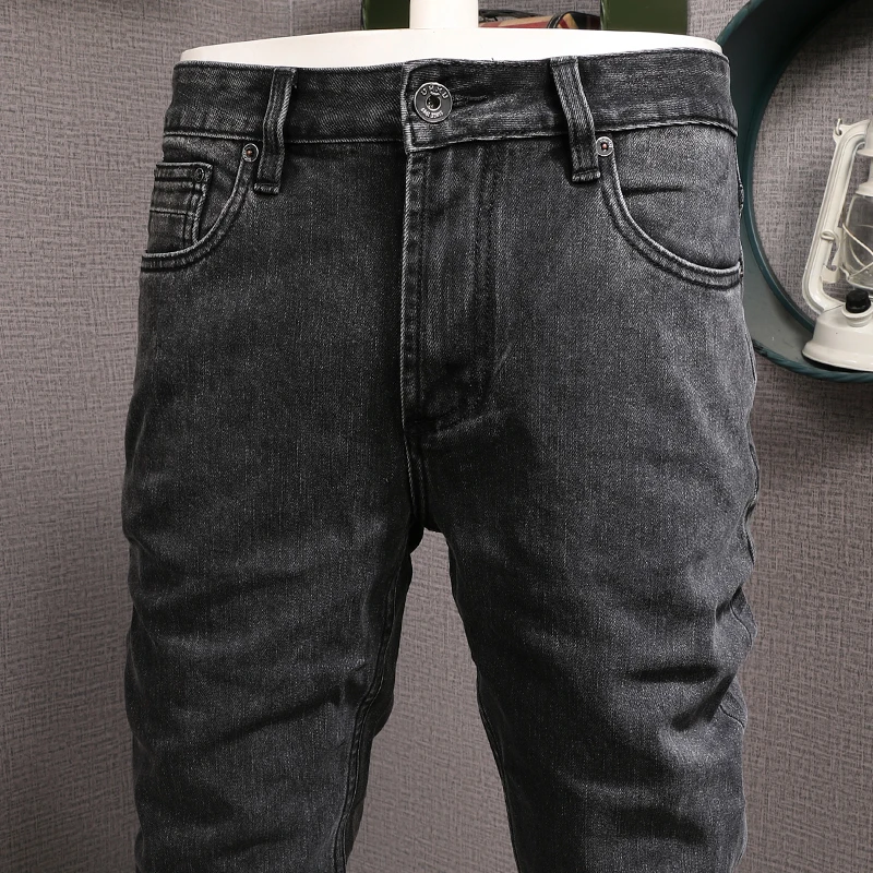 Korean Style Fashion Men Jeans Retro Black Gray Elastic Slim Fit Casual Denim Pants Hombre Vintage Designer Jeans Men Trousers
