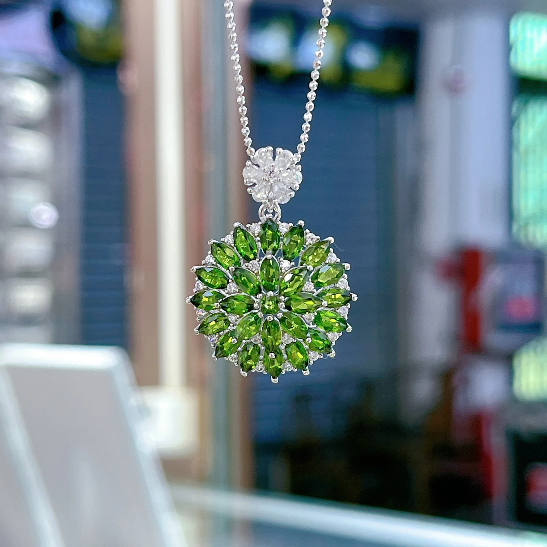 S925 Sterling Silver White Gold Plated Natural Diopside Pendant,2.5*5mm Marquise Gemstone,Chain Not Included
