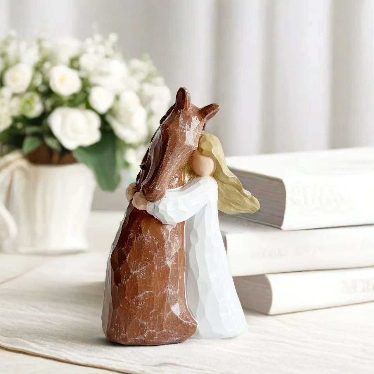 

Nordic Wind Girls Embracing Horses Figurine Guardian Angel Statues Resin Desktop Ornaments Crafts Gifts Home Room Decoration