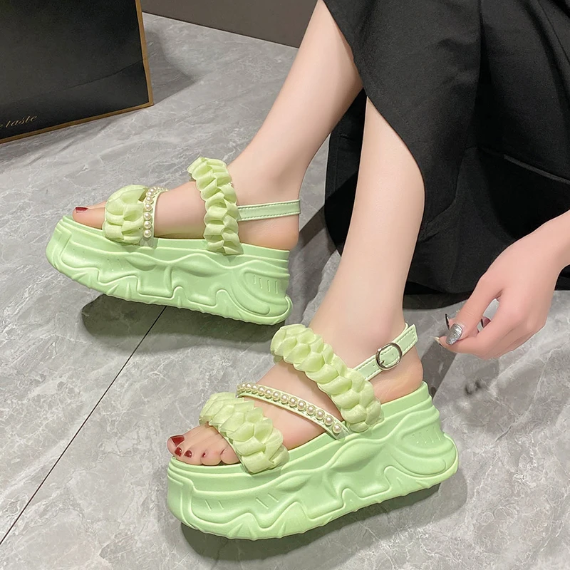 Summer 2023 Casual High Platform Sandals Women Buckle Strap Slippers Thick Bottom Pearl Sandalias Woman Chunky Beach Shoes Mujer