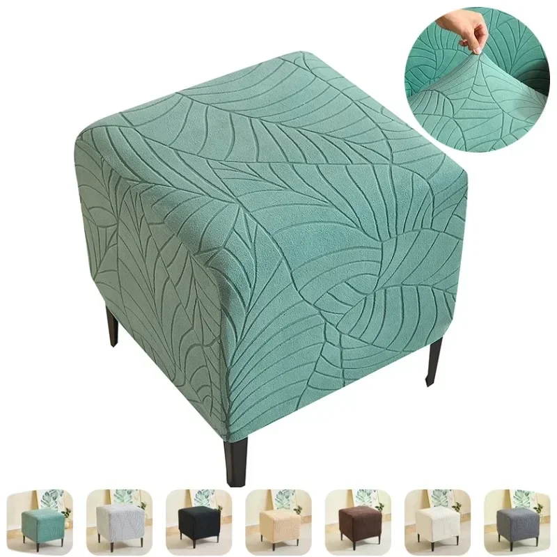 Leaves Jacquard Square Ottoman Cover Elastic Footrest Slipcover 360-degree All-inclusive Stool Covers Protector for Living Room