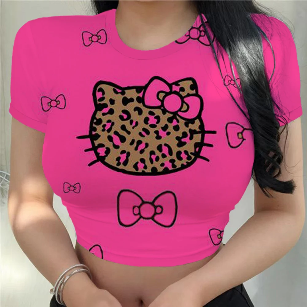 2024 damska letnia koszulka z krótkim rękawem Hello Kitty z nadrukiem wokół dekoltu krótkie topy ultrakrótki seksowny damski prosty modne t-shirty