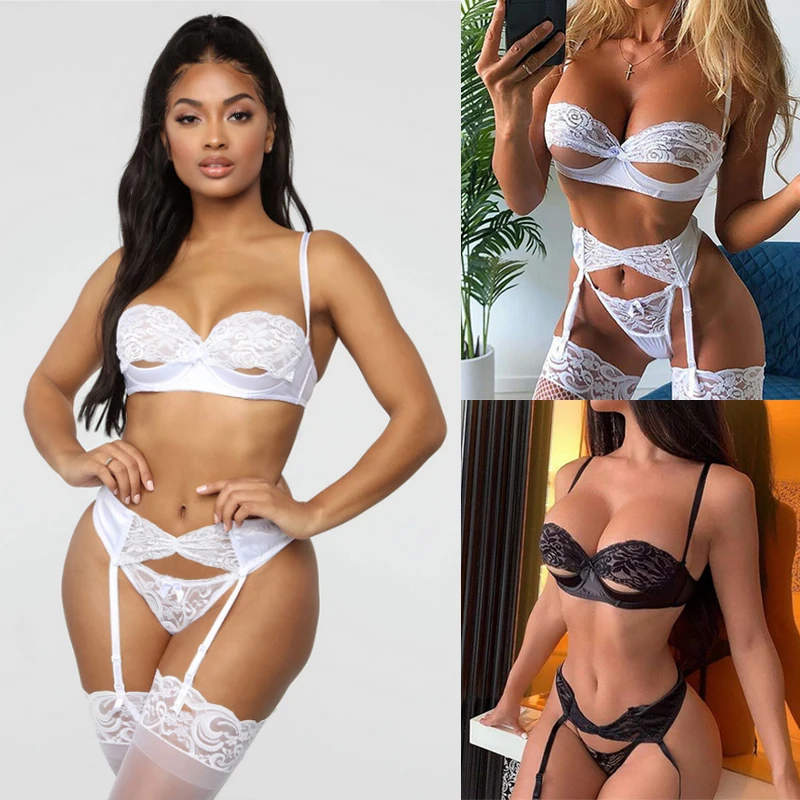 Fashion Lace Sexy Erotic Lingerie Women Fun Lingerie 3Pcs Bra Thongs Stockings Underwear Set Hollow Out See-Through Bandage Set