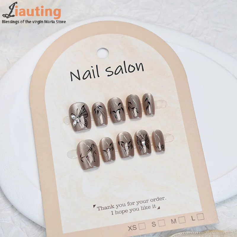 30 szt. Sztuczne paznokcie w stylu chińskim z motywem motyla i kociego oka, noszone XS/S/M, naklejane paznokcie, tipsy do zdobienia paznokci, salon paznokci