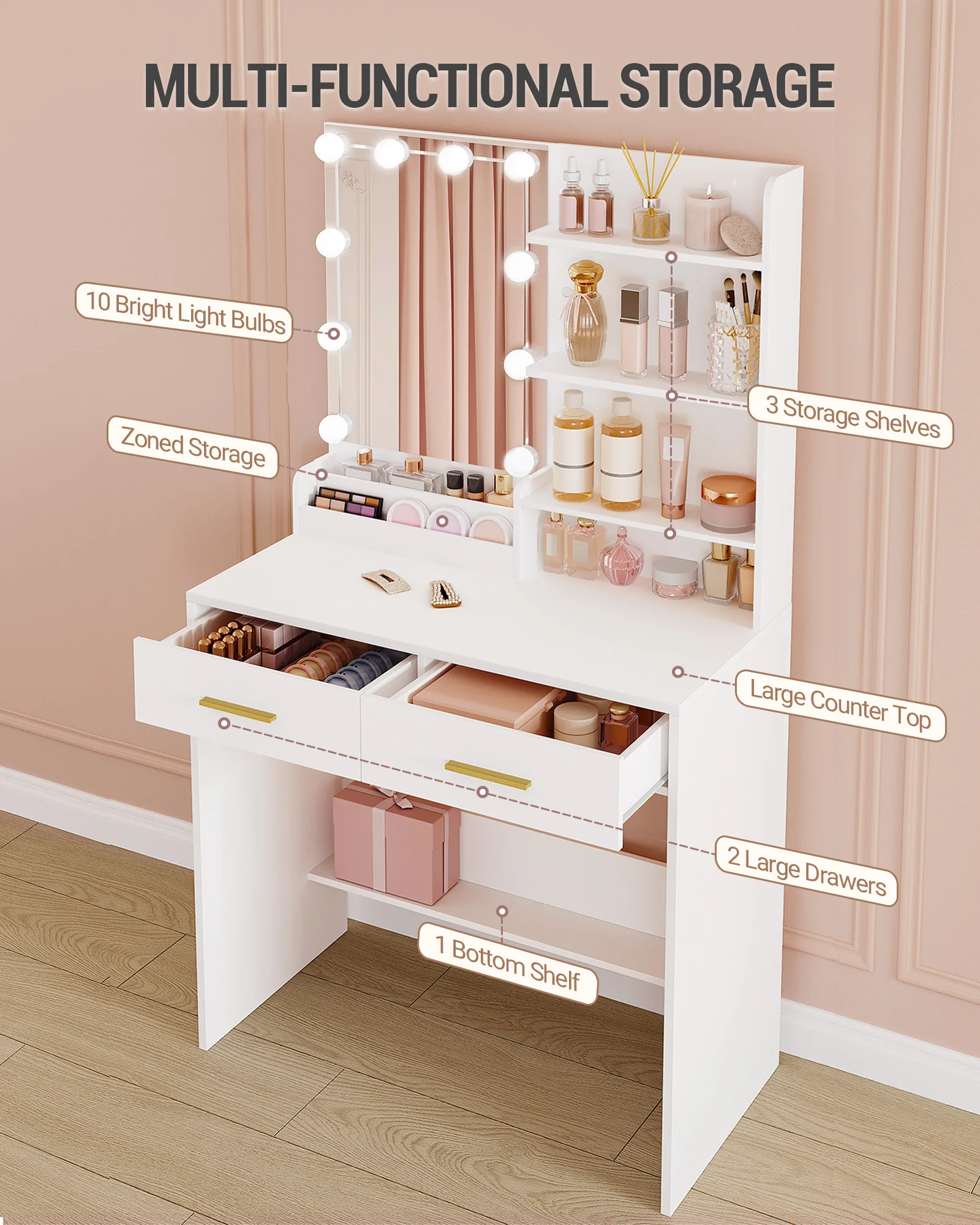 طاولة تزيين هزوانري مع إضاءة LED، سطوع قابل للتعديل، مع مرآة، خزانة ملابس مع درجين، 4 أرفف، مقصورتين