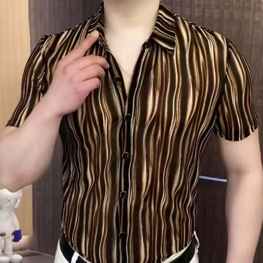 Streetwear Camisa Masculina Shirt Moda Hombre Summer Mens Shirts Black Gold Pattern Print Shirt Short Sleeve Casual Men Shirt
