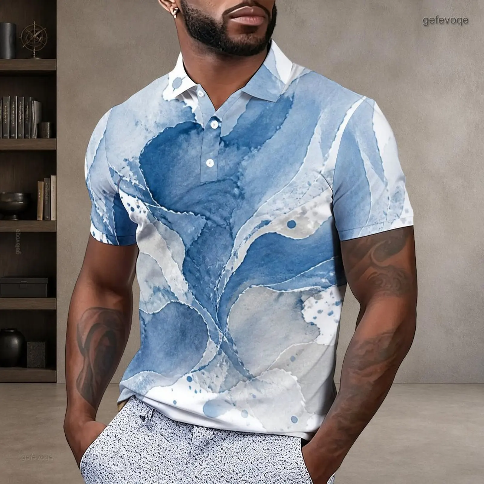 Short Sleeve Collared Neck Button Placket Printed Polo Shirt for Men