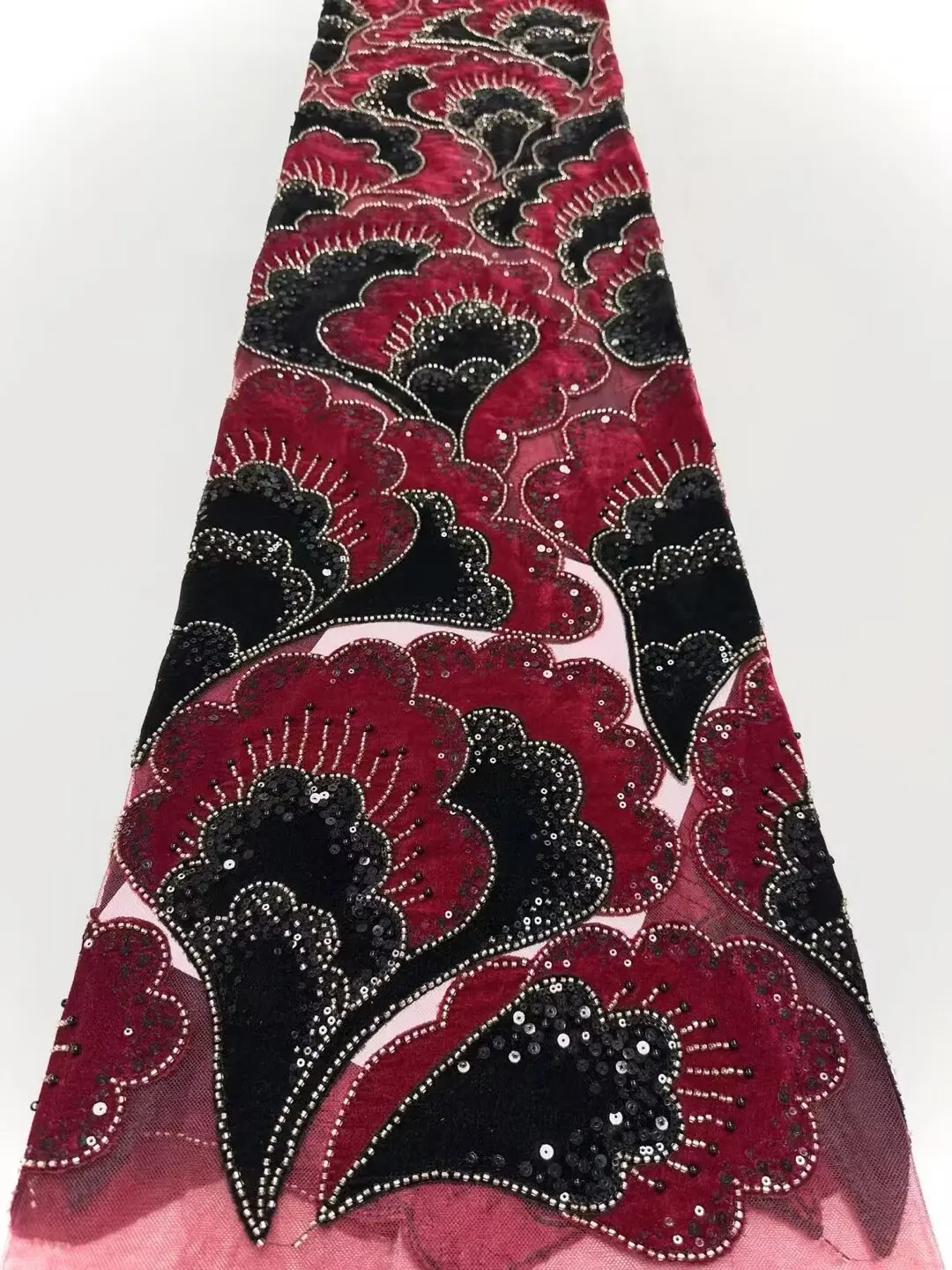 

African Velvet Lace Fabric 2025 High Quality Beads Mesh Embroidery Edge 3D Tulle Flower Nigerian Lace Fabric for Party Dress