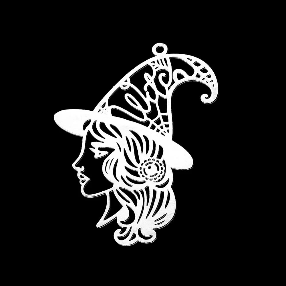 

5pcs Tarnish Resistant 201 Stainless Steel Pendants Laser Cut Witch for Halloween Stainless Steel color 43x30x1mm Hole: 1.5mm