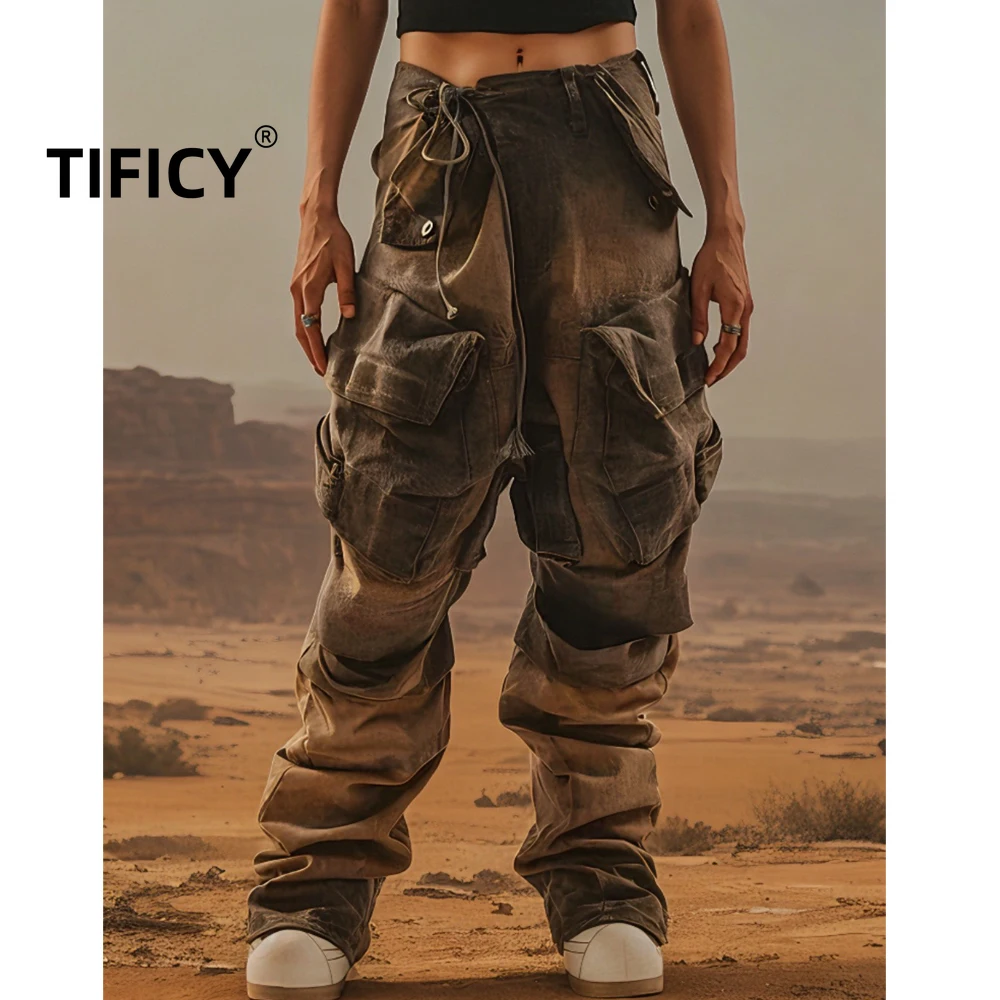 

High Street 3D Arc Wide Leg 3D Pocket Pants Men's Washed Aging Splicing Cargo Work Pants Horseshoe Legs Casual Pants