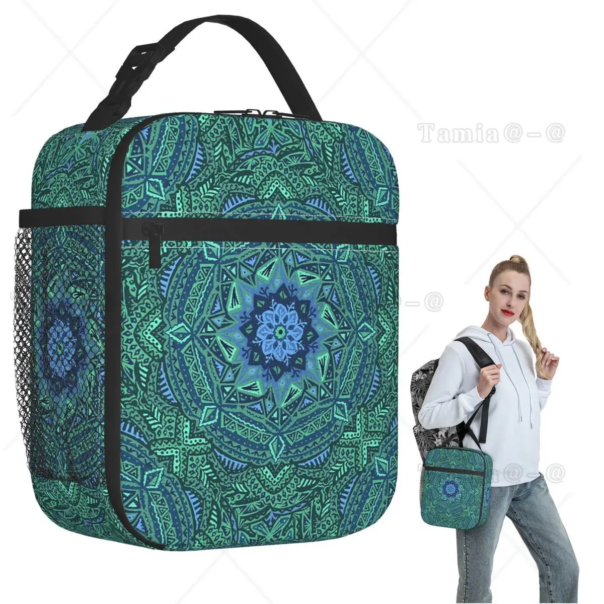 Green Bohemian Mandala Insulated Lunch Bag for Women Kids Portable Food Boxes Thermal Lunch Box Tote