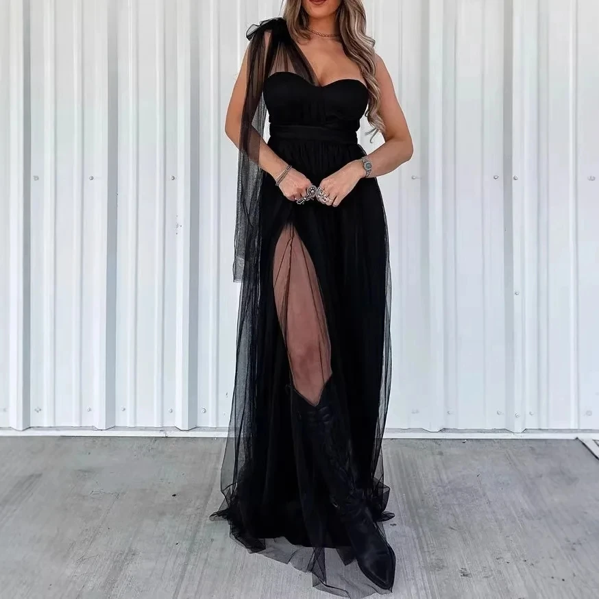 

2026 New Mesh Patchwork Strapless Long Skirt Sexy Backless Evening Gown Dress Strap Bustier Dress Flowy Draped Dress Outfit