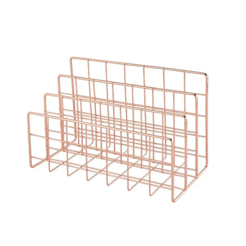 Metal Mesh Desk Organizer Desktop Letter Sorter Mail Tray File Organiser Office Home Bookends Book Holder -Rose Gold-ABWY