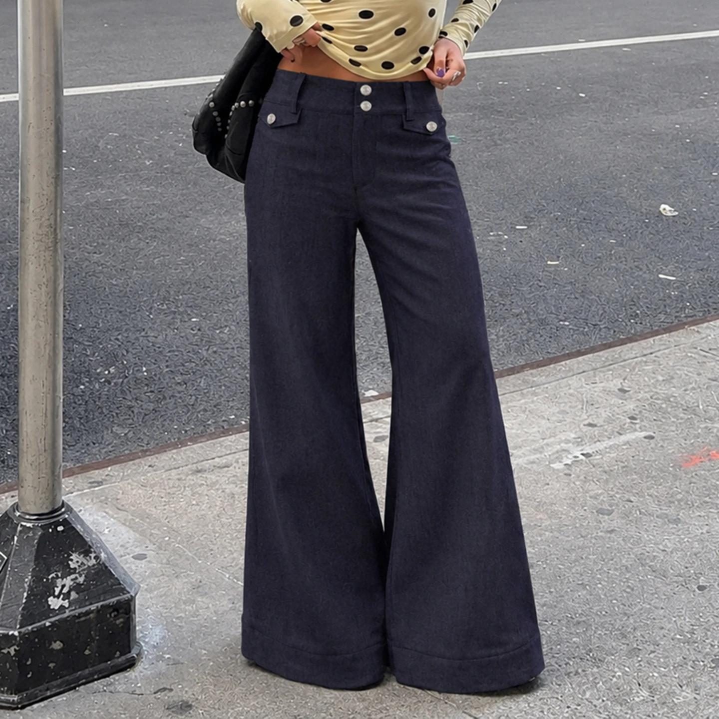 Women Double Button Low Rise Flare Jeans Retro Solid Bell Bottom Loose Denim Trousers Streetwear For Ladies Commuter Wear Chic