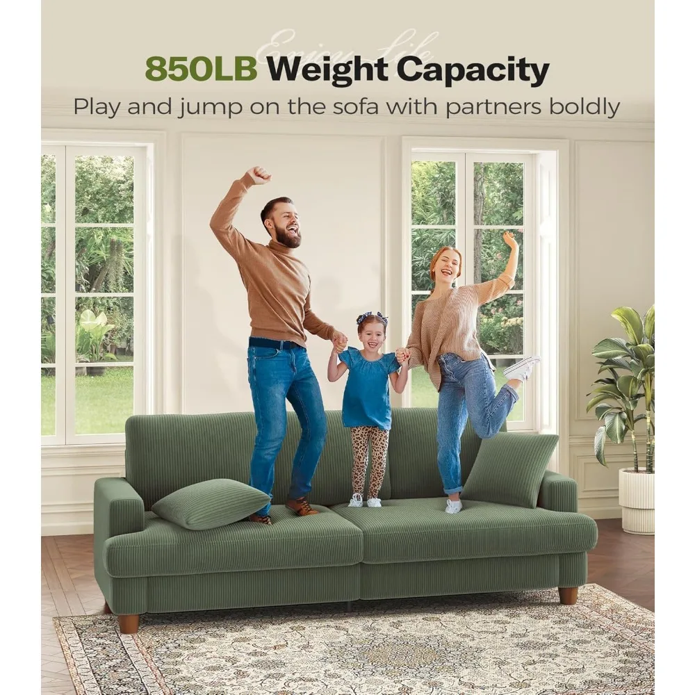 "Sofá verde de 87 polegadas com assentos profundos de 21 polegadas: móveis de sala de veludo cotelê confortáveis para fácil montagem"