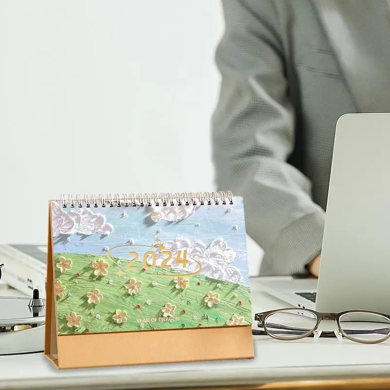 Mini Calendario de escritorio de pie, pintura al óleo, mes, Personal, hogar, aula, escuela, 2024