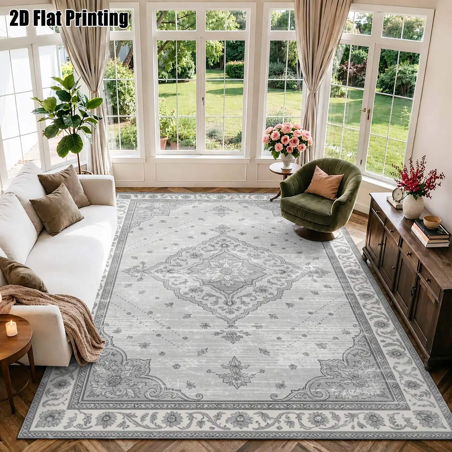 1Pc 2D Printed Light Gray Retro Patterned European Geometric Carpet, Home Decor, Multi-Size, Machine Washable, Suitable for Entrance/Dining Room/Foyer/Bedroom/Living Room