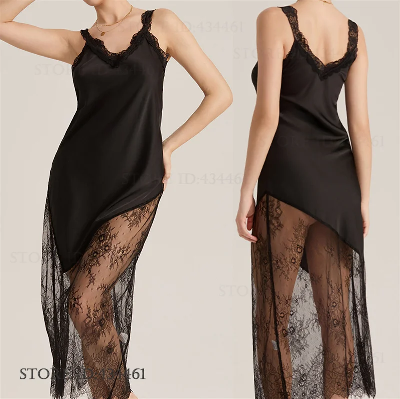 

Женская одежда для сна больших размеров, длинная ночная рубашка, сексуальное лоскутное кружевное белье, ночная рубашка на тонких бретельках, домашняя одежда из ледяного шелка