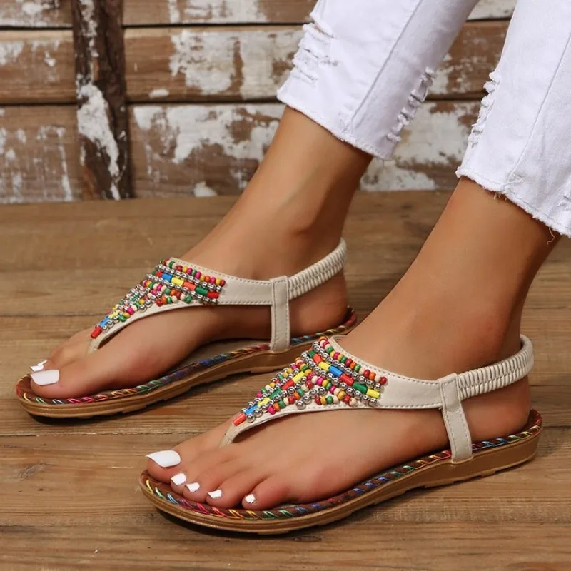New Summer Women Plus-Size Roman Sandals Lady Rhinestone Toe-Post Flip-Flops Adult Flat Single Buckle Shoes Casual Beach Shoes view 2