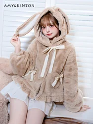 Sweet Girl Imitate Rex Rabbit Fur Plush Coat Women Autumn Winter New Japanese Kawaii Thicken Warm Hooded Rabbit Ears Jackets