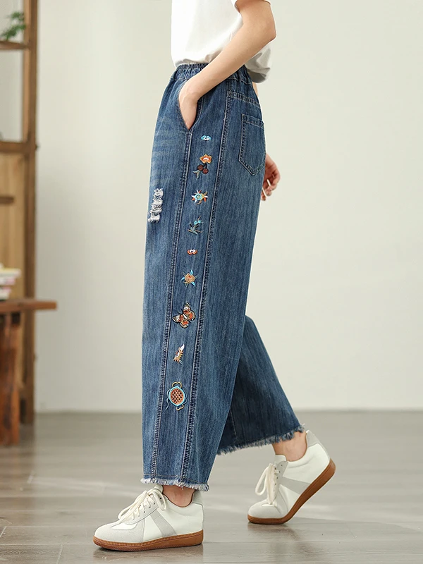 Calças Jeans Fenas Retro com Cintura Elástica Bordadas com Flores Largas e Soltas Corte Reto Casual para a Primavera em D...