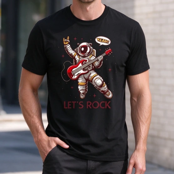 Astronaut Playing Guitar Lets Rock Graphic T Shirt Men Retro Space Rock Music Lover Short Sleeve Tee Casual Streetwear Tops