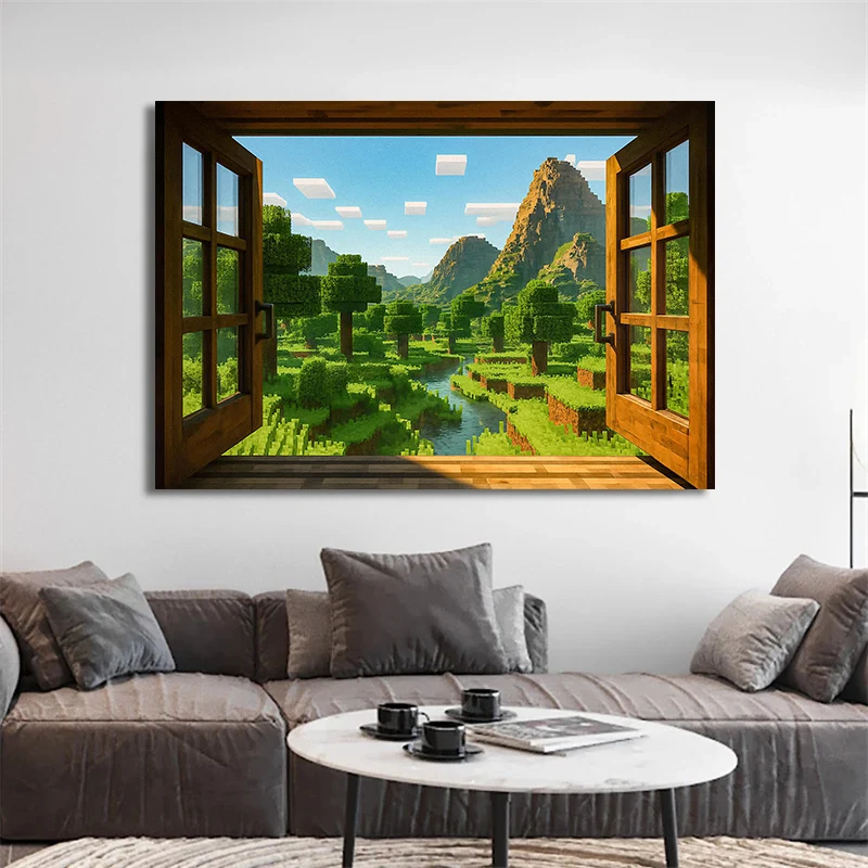 Block Pixel Video Game Window Landscape Style Canvas Poster Painting Print Wall Art Picture for Living Room Home Decor Cuadros