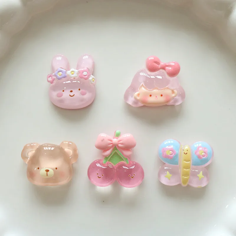 10 pièces de décorations en résine transparente motif dessin animé (fille cerise, papillon) pour bijoux et accessoires décoratifs, et pour la décoration DIY faite main de coques de téléphone portable