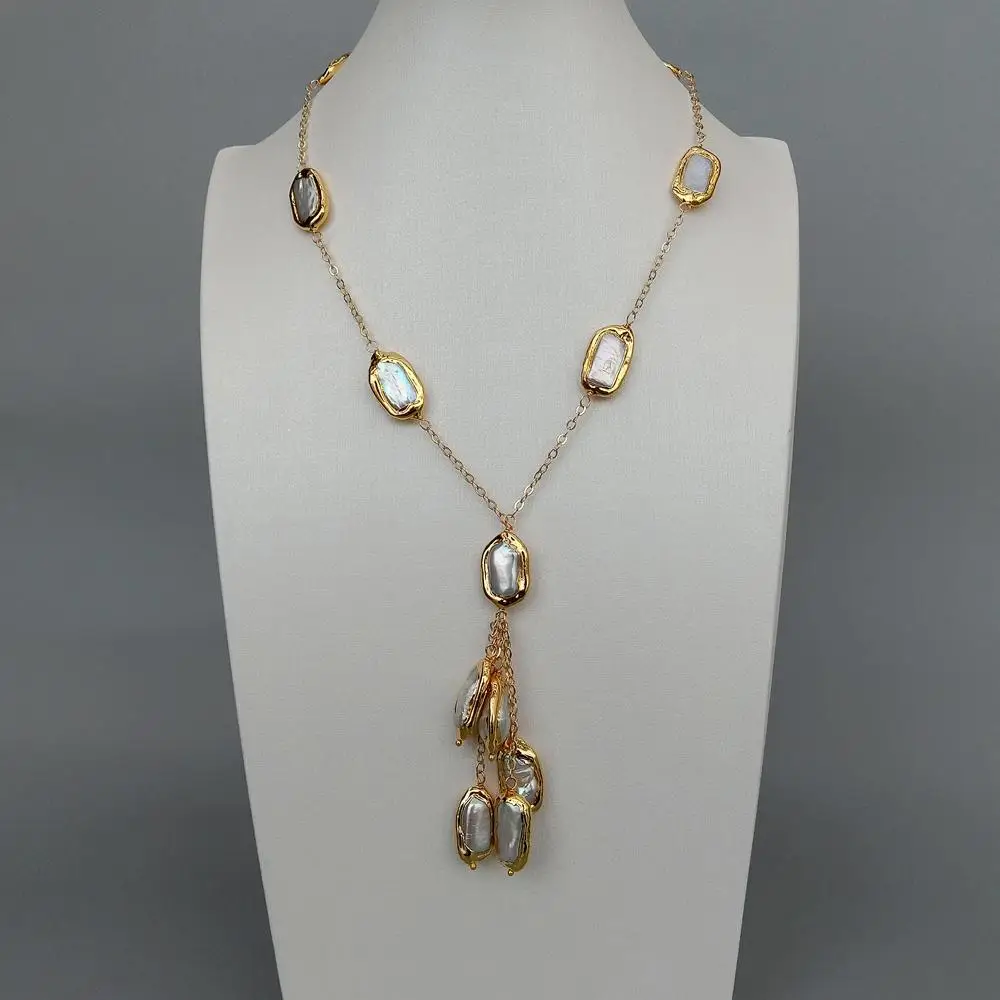 YYGEM  Gold color Plated Link Chain natural Freshwater Cultured White Biwa Pearl  Necklace 19\
