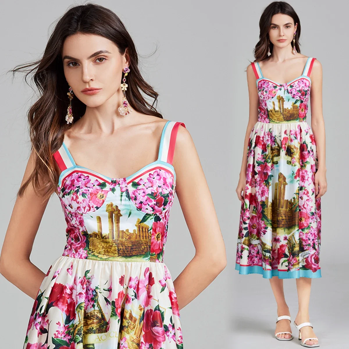 

European and American high waisted printed three-dimensional strapless suspender long dress summer dress women