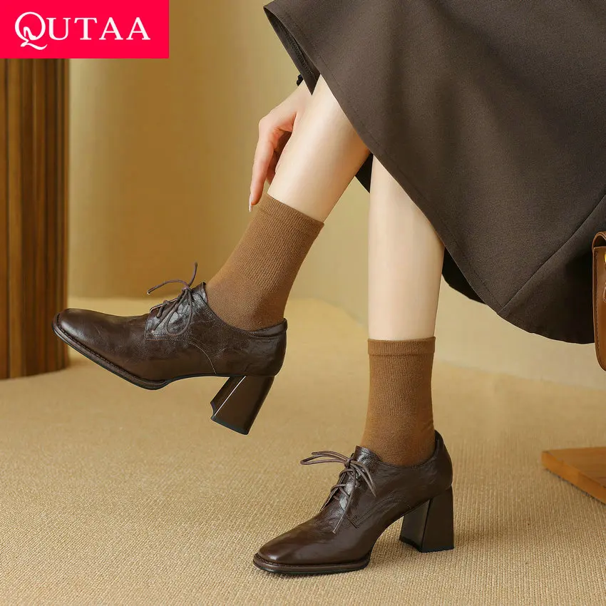 QUTAA 2024 Vintage Women Pumps Thick High Heels Round Toe Genuine Leather Lace-Up Office Lady Working Shoes Woman Size 34-39