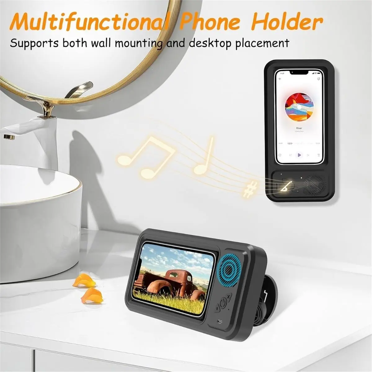 Shower Phone Holder with Wireless Bluetooth Speaker, 480° Rotation, Bathroom Wall Phone Mount Stand WaterProof Anti Fog