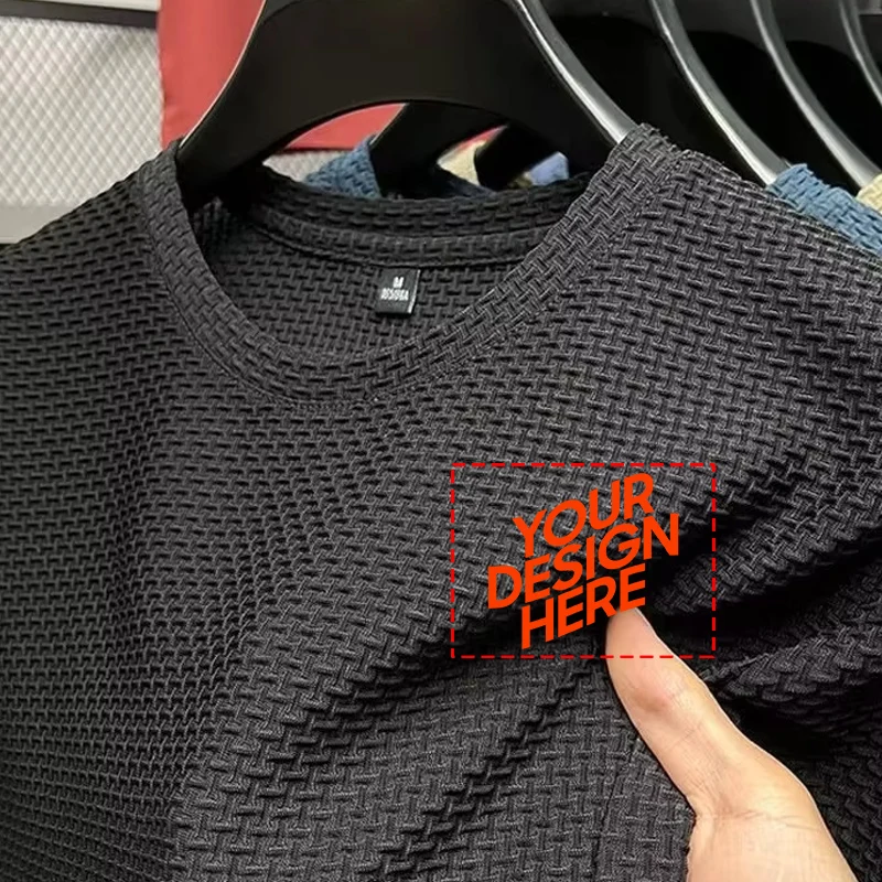 Custom Your Logo Slim-cut Bamboo-striped Ice Silk T-shirt, Men's Short-sleeved Summer Stretch-fitting