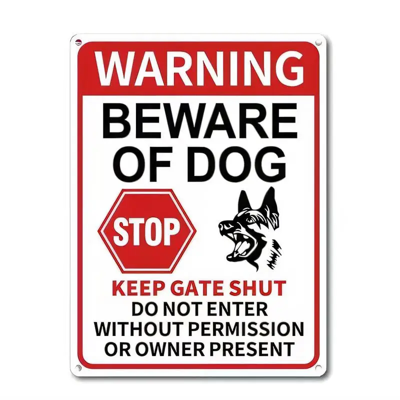 2D Flat Beware of Dog Warning Metal Sign - Iron, Red/White/Black, with STOP & Angry Dog, for Yard/Gate Safety, Retro Safety Wall