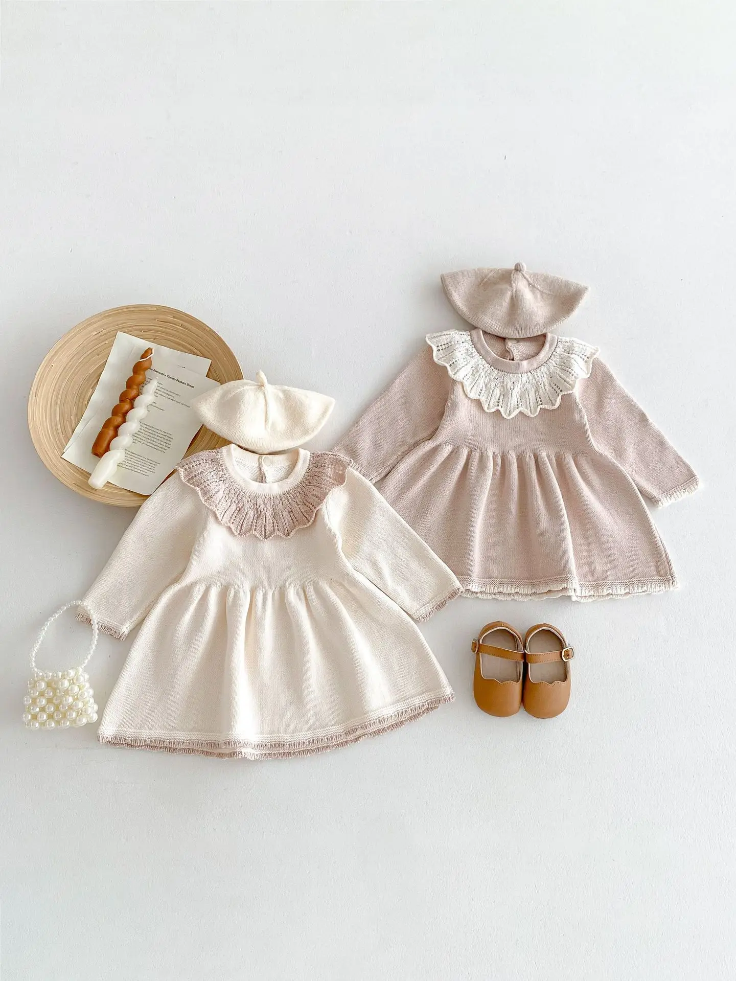 2024 Autumn New Baby Girl Long Sleeve Dress Cotton Infant Toddler Lapel Knitted Casual Dress Fashion Princess Dress Kids Clothes