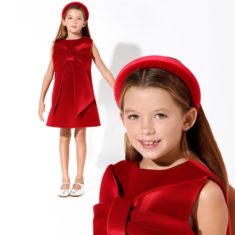 Children Birthday Party Luxury Wine Red Velvet Dresses Sleeveless for Toddler Girls Kids Bow Princess Dress Evening Short Gowns