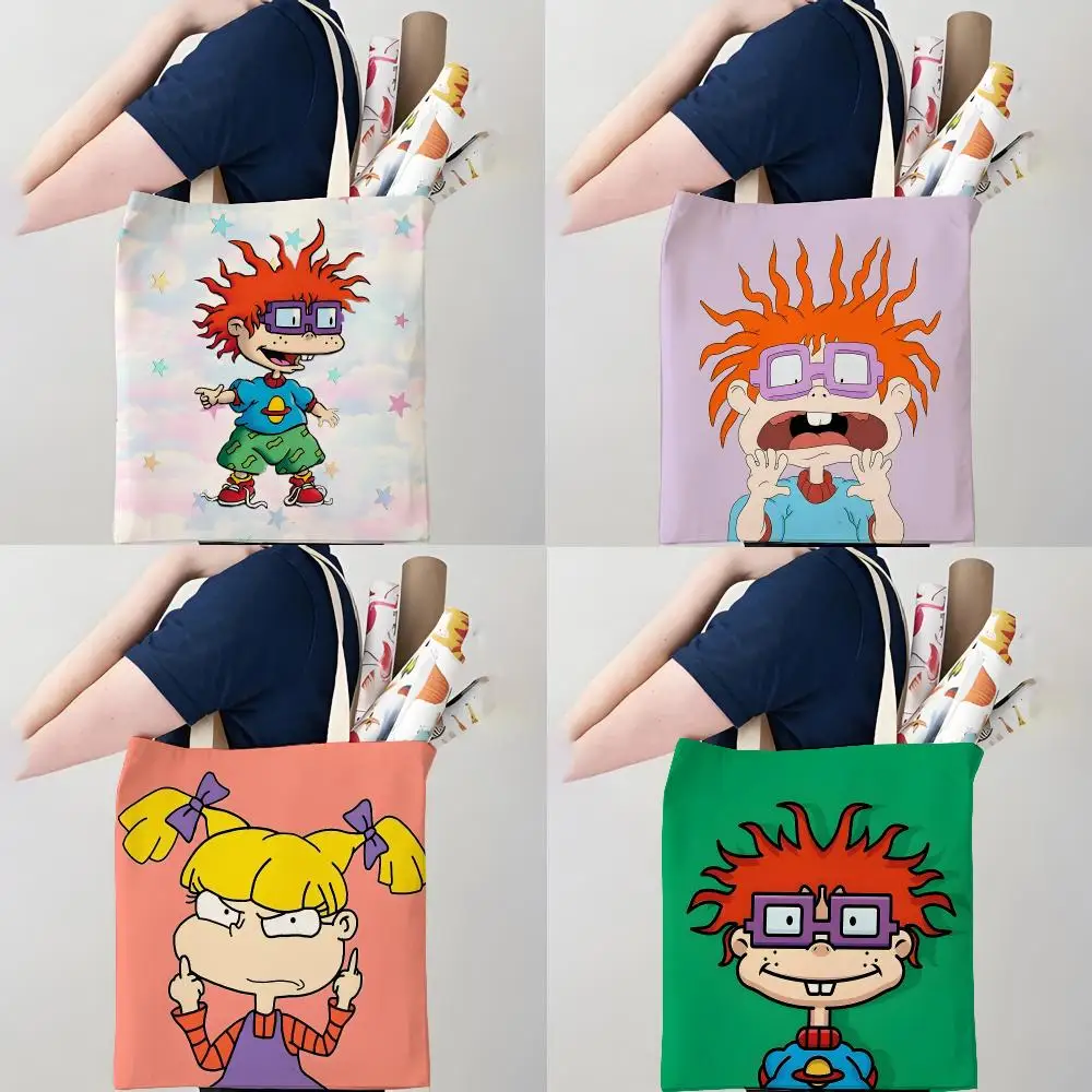 CARTOON R-Rugrats Storage Bags Canvas Double-Sided Print Tote Bag Large Capacity Shoulder Fashion Shopping Handbag