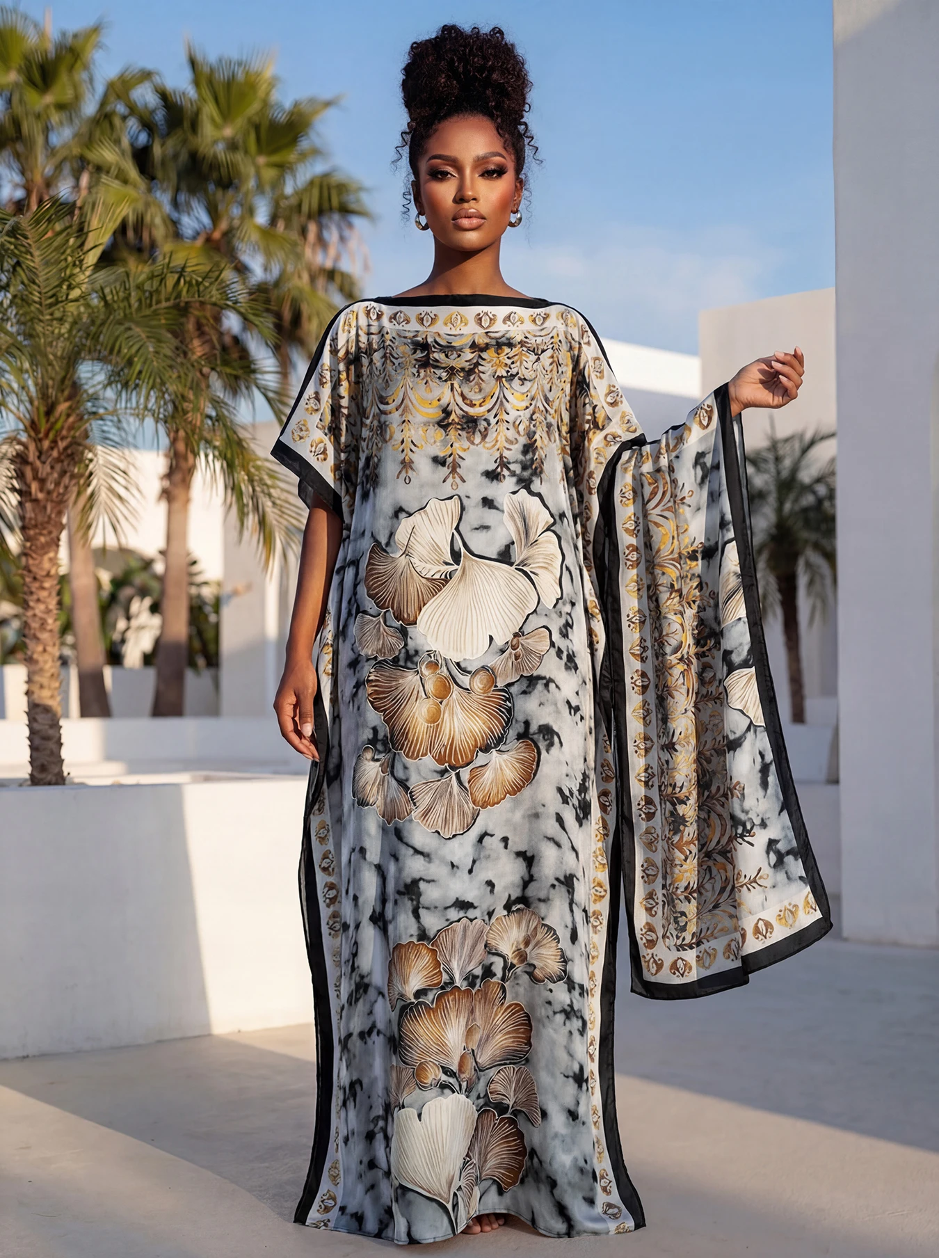 Summer Kaftan Dress for Women with Big Scarf Loose Abaya Muslim Casual Print Shawl Robe African Style Dubai Turkey Fashion