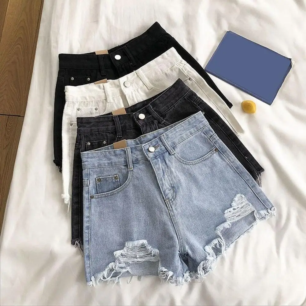 Ripped Jeans Stylish Retro Denim Shorts for Women High Waist A-line Fit Ripped Details Button-zipper Closure Above Knee Length